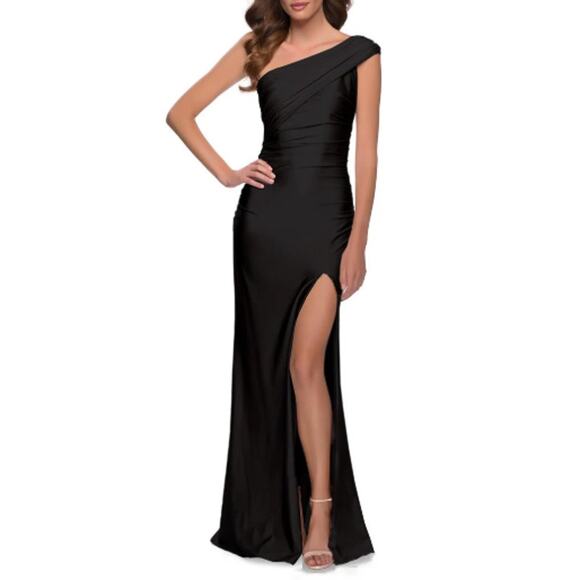 NEW LA FEMME Black Ruched One Shoulder Jersey Gown Prom Dress Size 6 - Picture 1 of 6